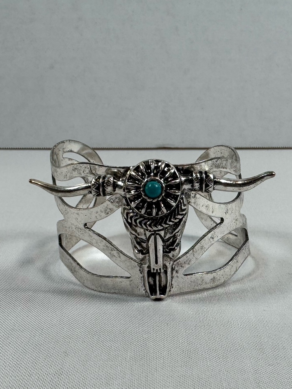 Western Longhorn Steer Skull Turquoise Look Silver Tone Cuff Bracelet